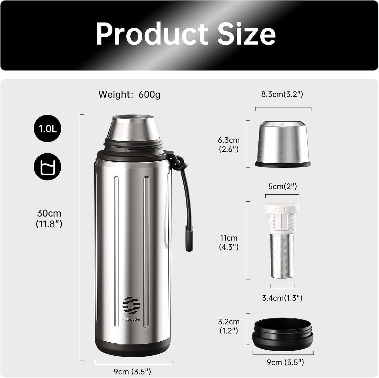 FJBOTTLE - TERMO CON VASO DE 1 LITRO (72HRS FRÍO 24HRS CALIENTE) PARA CAFÉ Y TÉ CON BASE EXTRAÍBLE Y FILTRO - 2