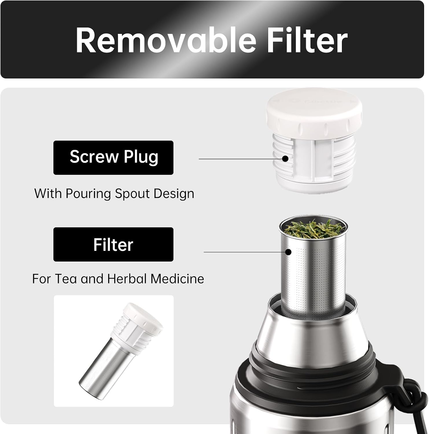 FJBOTTLE - TERMO CON VASO DE 1 LITRO (72HRS FRÍO 24HRS CALIENTE) PARA CAFÉ Y TÉ CON BASE EXTRAÍBLE Y FILTRO - 5