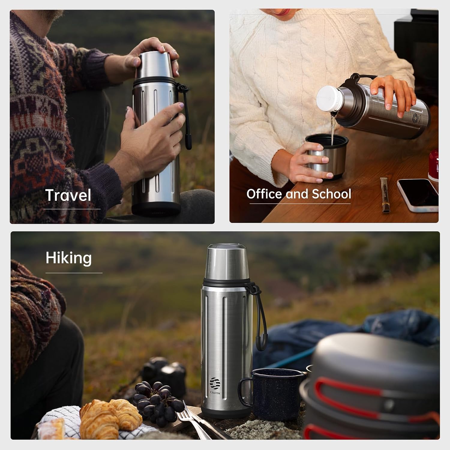 FJBOTTLE - TERMO CON VASO DE 1 LITRO (72HRS FRÍO 24HRS CALIENTE) PARA CAFÉ Y TÉ CON BASE EXTRAÍBLE Y FILTRO - 8