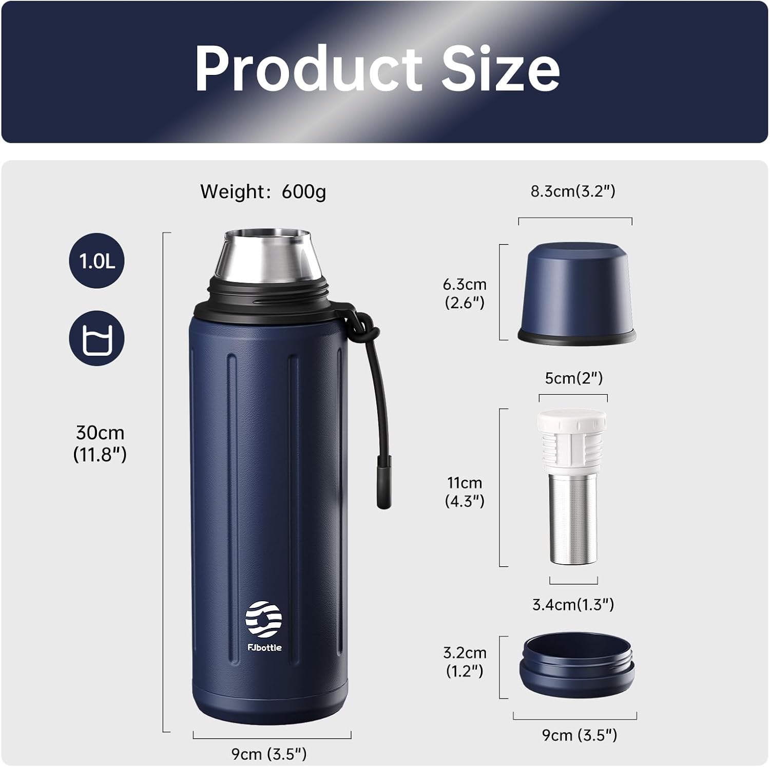 FJBOTTLE - TERMO CON VASO DE 1 LITRO (72HRS FRÍO 24HRS CALIENTE) PARA CAFÉ Y TÉ CON BASE EXTRAÍBLE Y FILTRO - 2