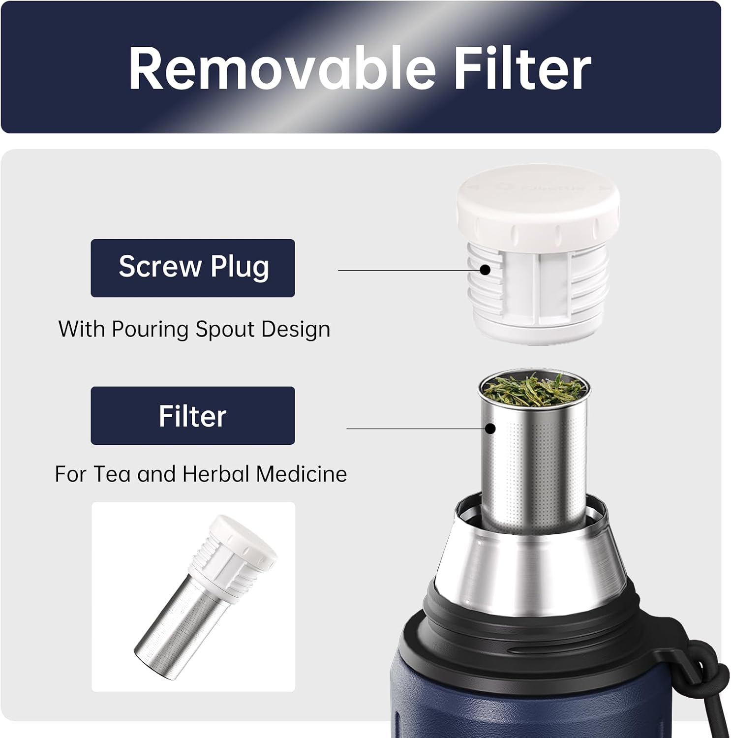 FJBOTTLE - TERMO CON VASO DE 1 LITRO (72HRS FRÍO 24HRS CALIENTE) PARA CAFÉ Y TÉ CON BASE EXTRAÍBLE Y FILTRO - 5