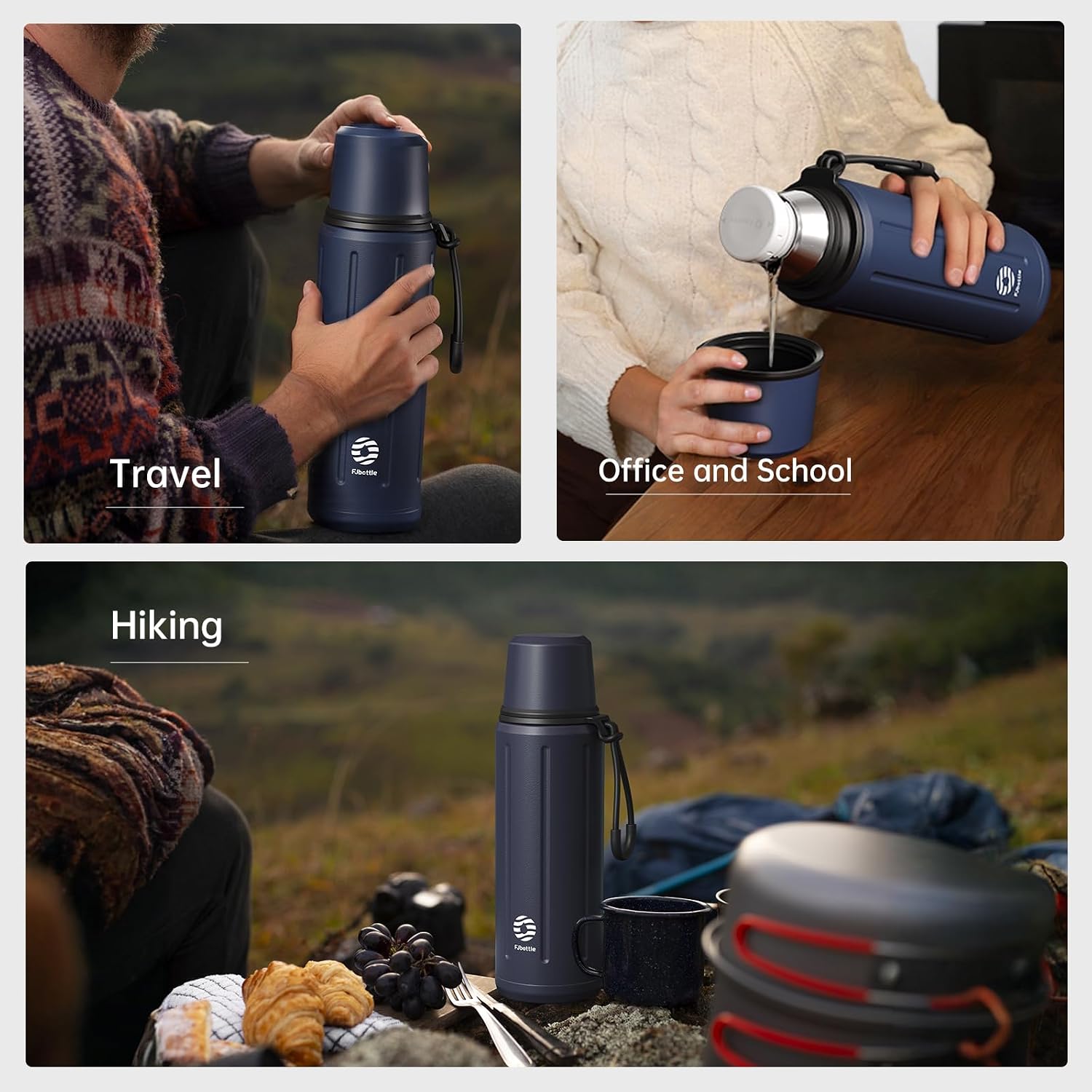 FJBOTTLE - TERMO CON VASO DE 1 LITRO (72HRS FRÍO 24HRS CALIENTE) PARA CAFÉ Y TÉ CON BASE EXTRAÍBLE Y FILTRO - 8