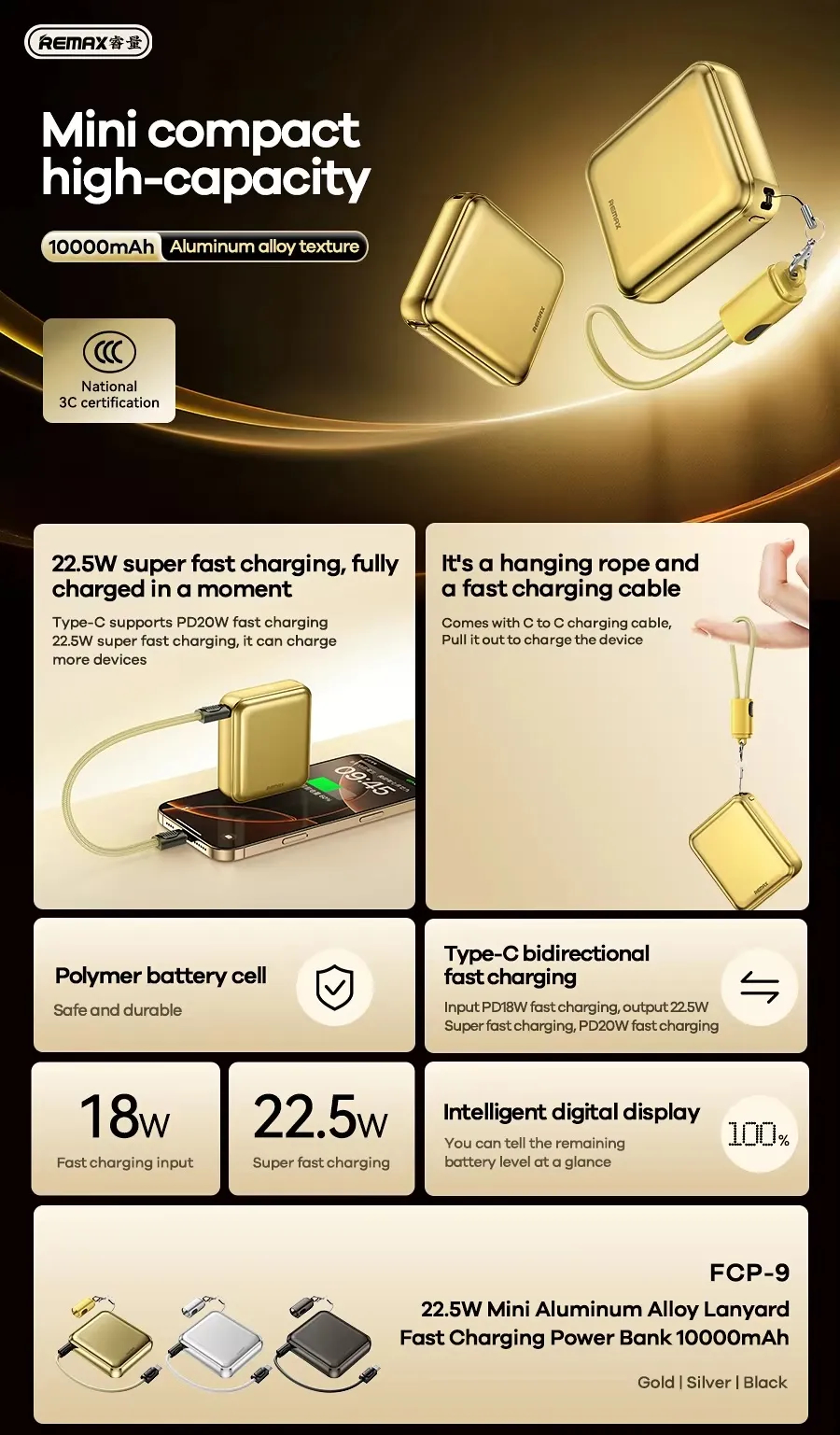 REMAX - POWER BANK MINI ALUMINIO CABLE INTEGRADO 20000MAH 20W + QC 22.5W FC-07 DORADO - 2