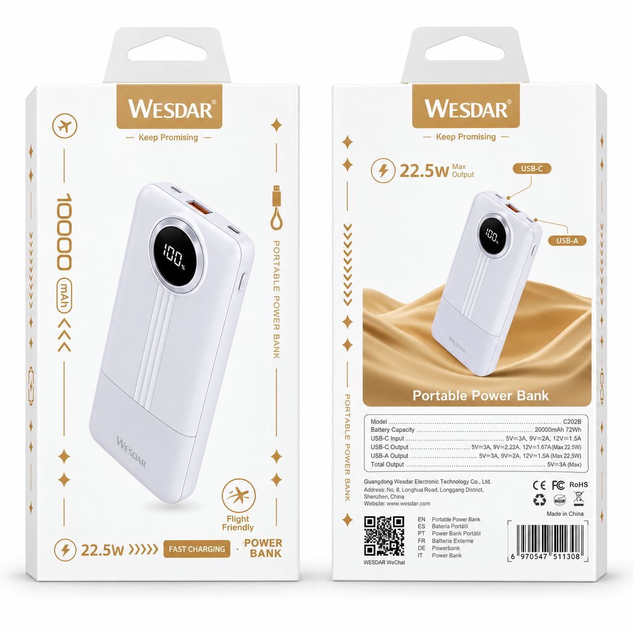 WESDAR - POWERBANK 10000MAH PD22,5W C/CABLES S1120 - BLANCO - 3