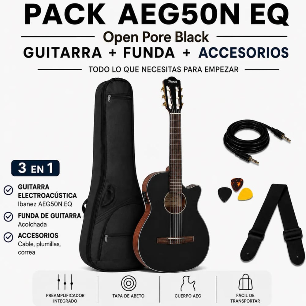 GUITARRA ELECTROACUSTICA AEG50N BLACK HIGH GLOSS TOP PACK - 3