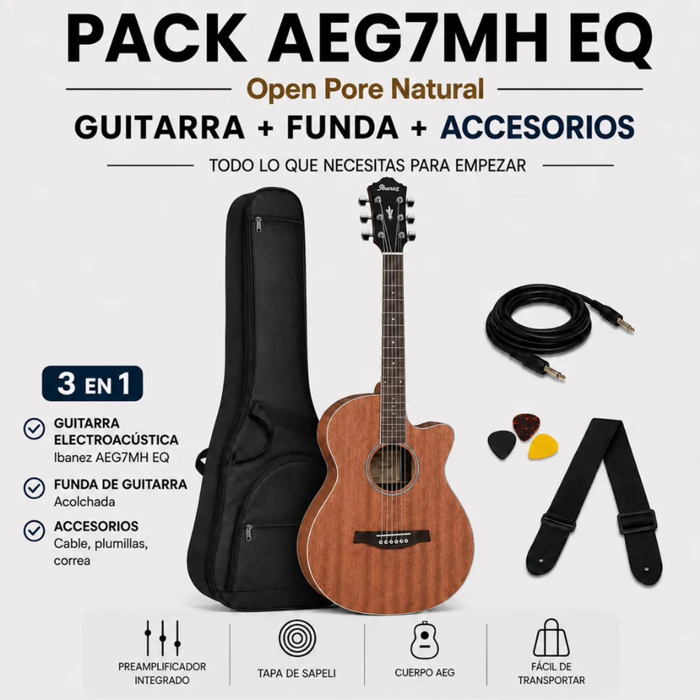 GUITARRA ELECTROACUSTICA AEG7MH OPEN PORE NATURAL PACK - 3