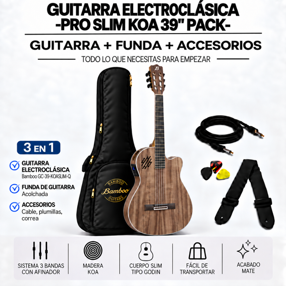 GUITARRA ELECTROCLASICA PRO SLIM KOA 39' PACK - 3