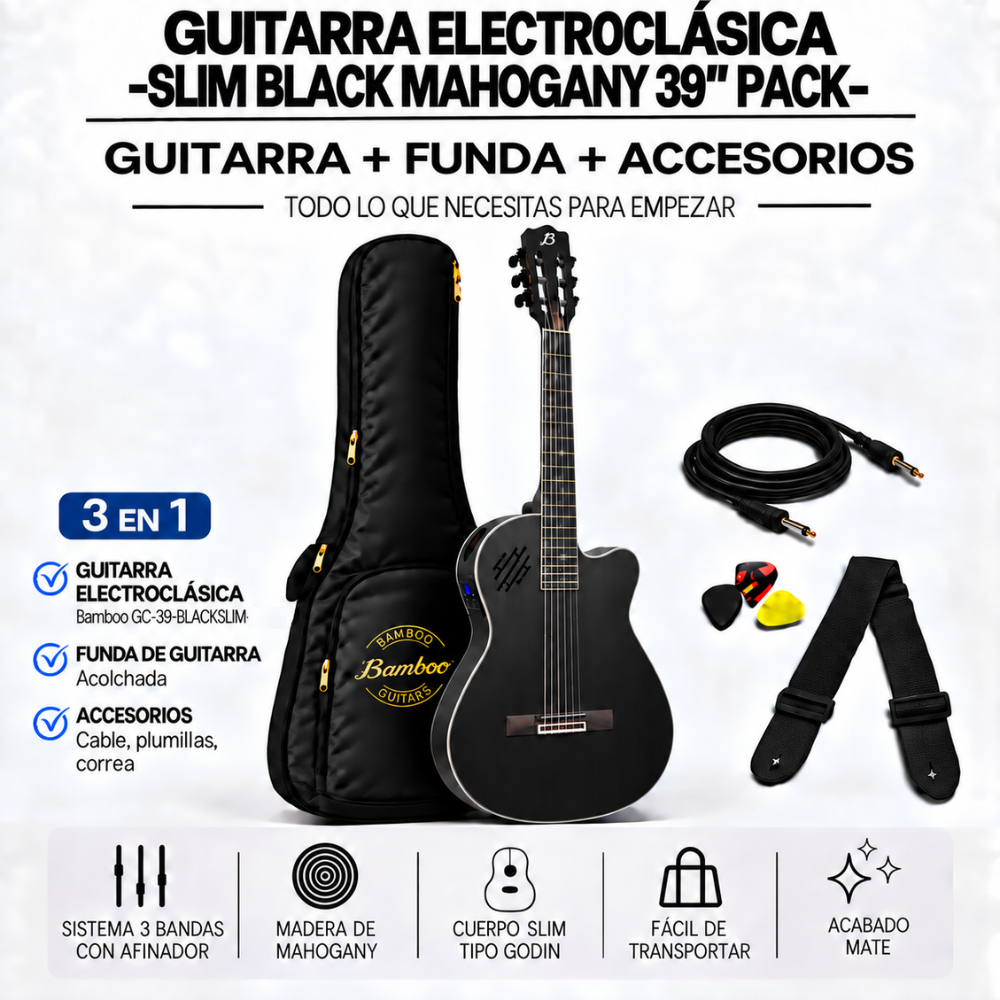 GUITARRA ELECTROCLASICA SLIM BLACK MAHOGANY 39' PACK - 3