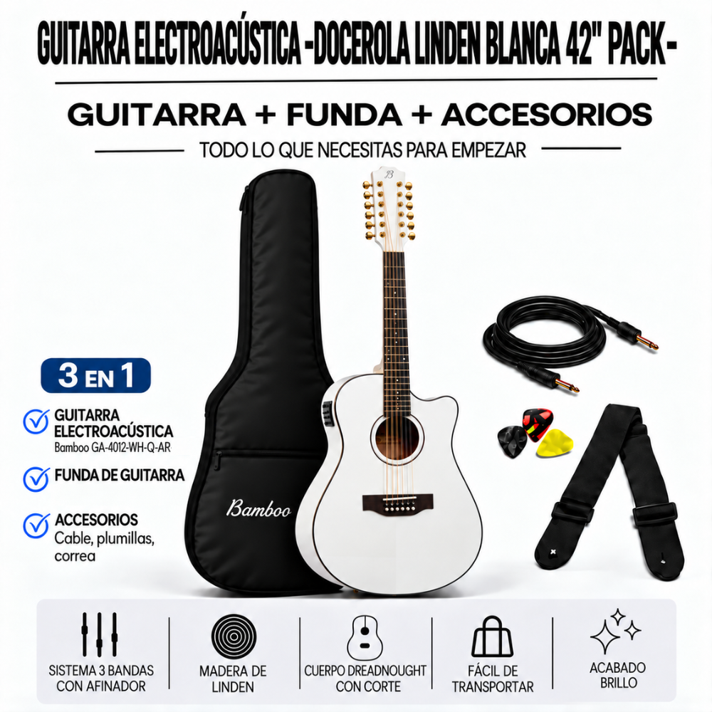 GUITARRA ELECTROACUSTICA DOCEROLA LINDEN BLANCA 42' PACK - 3