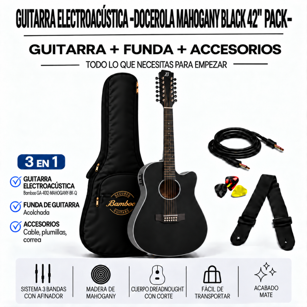 GUITARRA ELECTROACUSTICA DOCEROLA MAHOGANY BLACK 42' PACK - 3