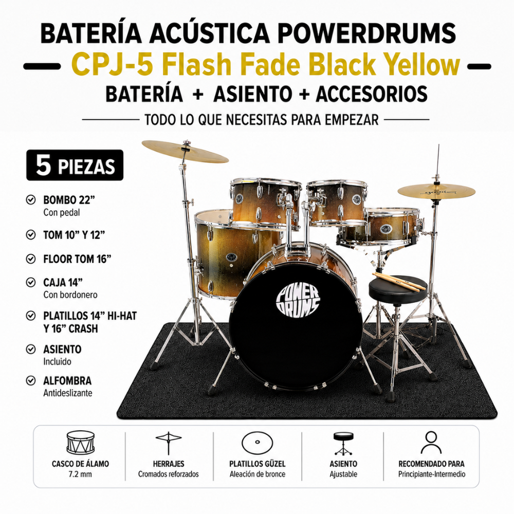 SET DE BATERIA ACUSTICA CPJ-5 FLASH FADE BLACK YELLOW - 4