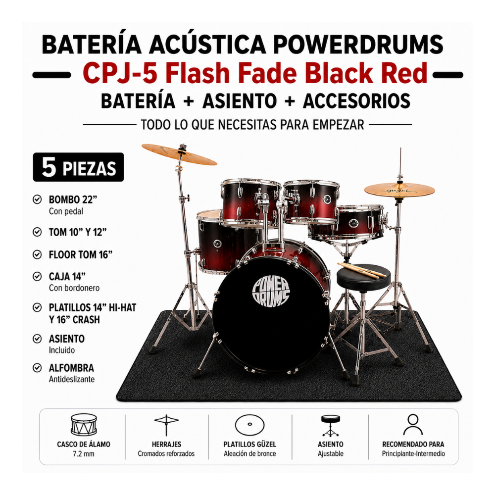 SET DE BATERIA ACUSTICA CPJ-5 FLASH FADE BLACK RED - 4