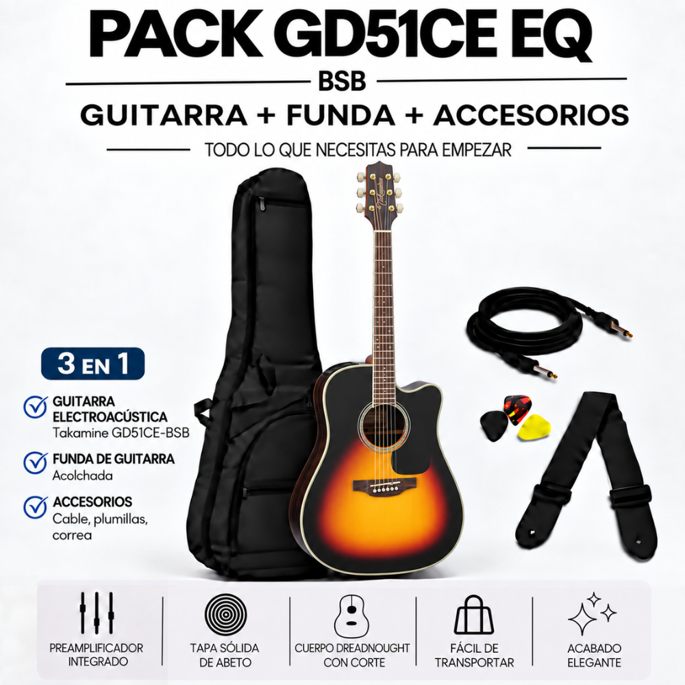 GUITARRA ELECTROACUSTICA GD51CE BROWN SUNBURST TAPA SOLIDA PACK - 3