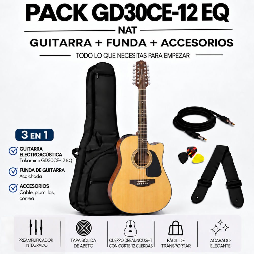 GUITARRA ELECTROACUSTICA GD30CE DOCEROLA NATURAL TAPA SOLIDA PACK - 3