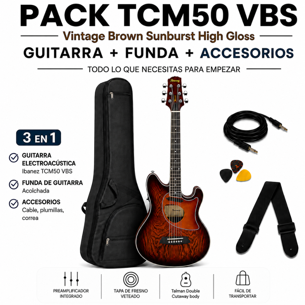 GUITARRA ELECTROACUSTICA TALMAN TCM50 VINTAGE BROWN SUNBURST PACK - 3