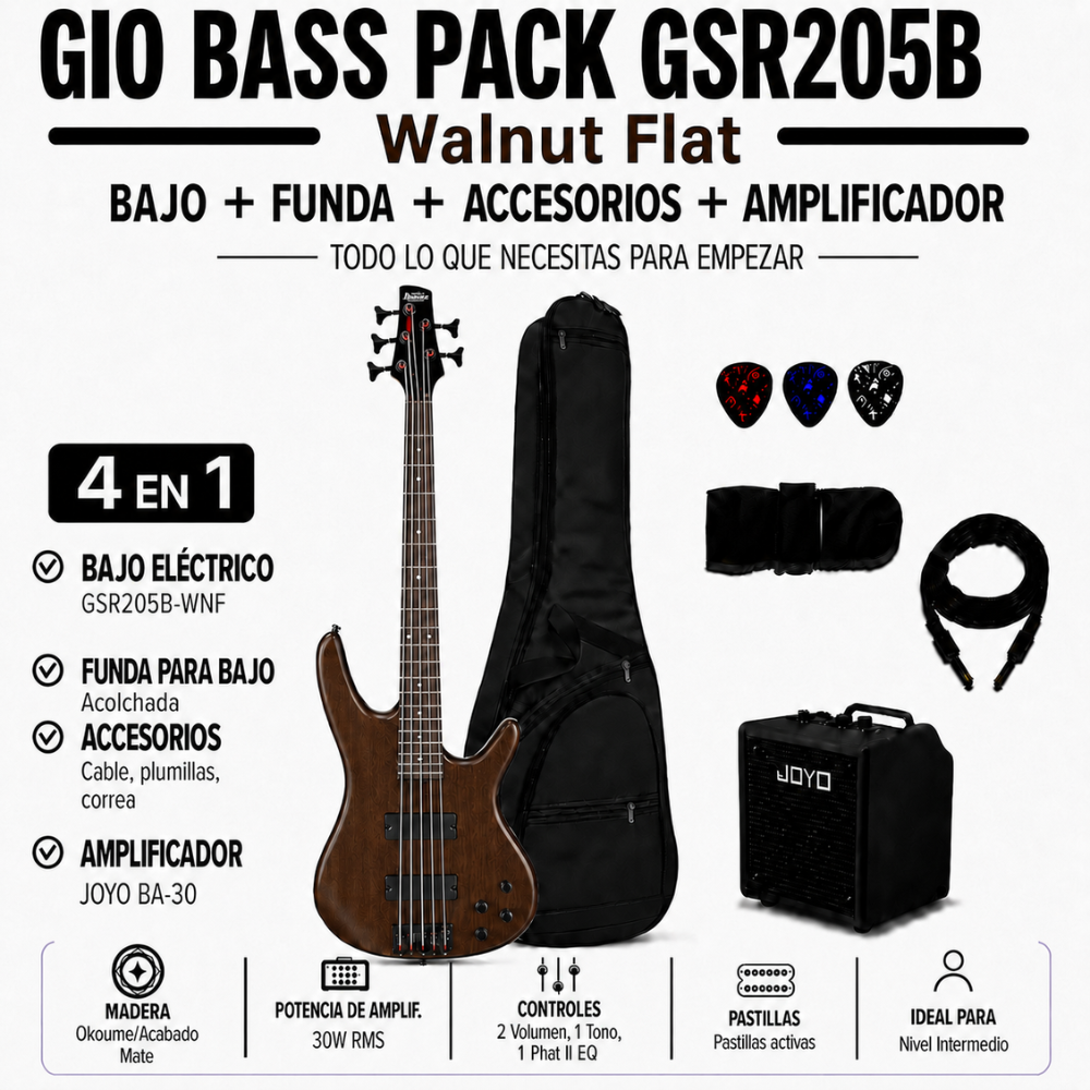 GIO BASS PACK GSR205B WALNUT FLAT - AMPLIFICADOR JOYO 30W - 4