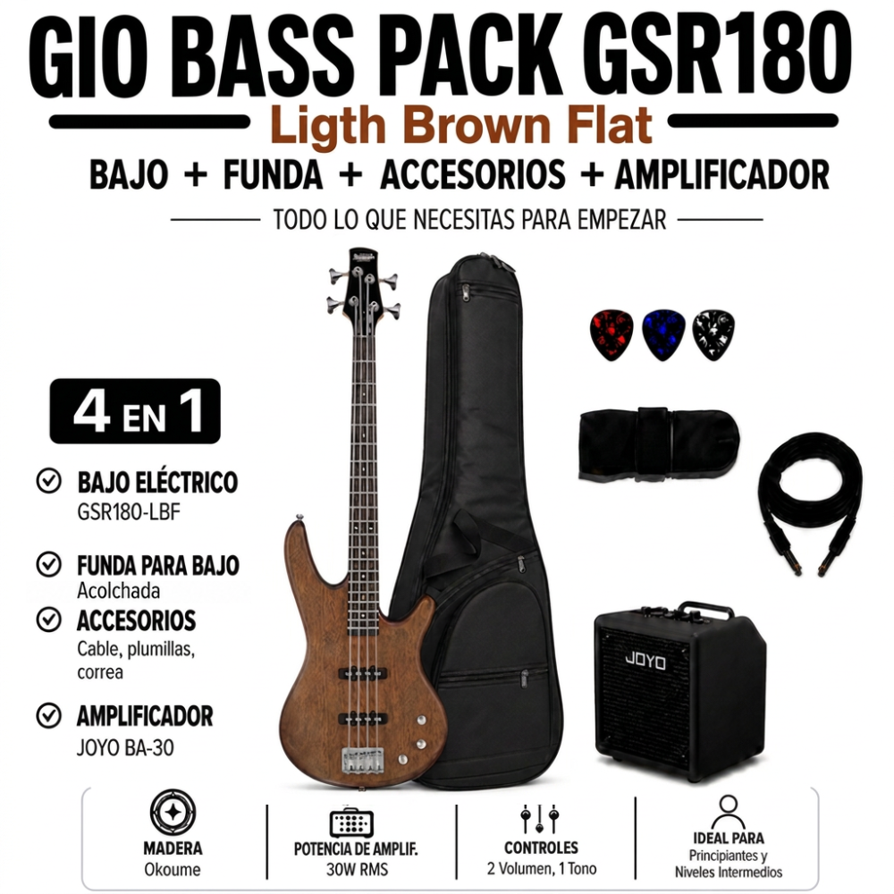 GIO BASS PACK GSR180 LIGHT BROWN FLAT - AMPLIFICADOR JOYO 30W - 4