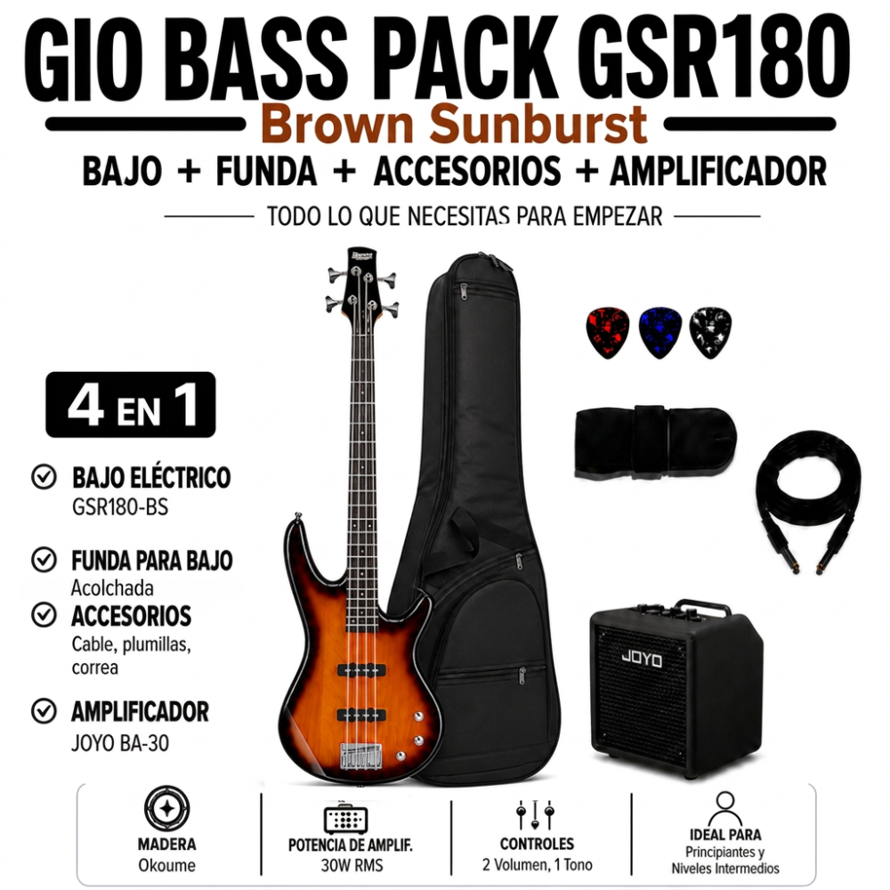 GIO BASS PACK GSR180 BROWN SUNBURST - AMPLIFICADOR JOYO 30W - 4