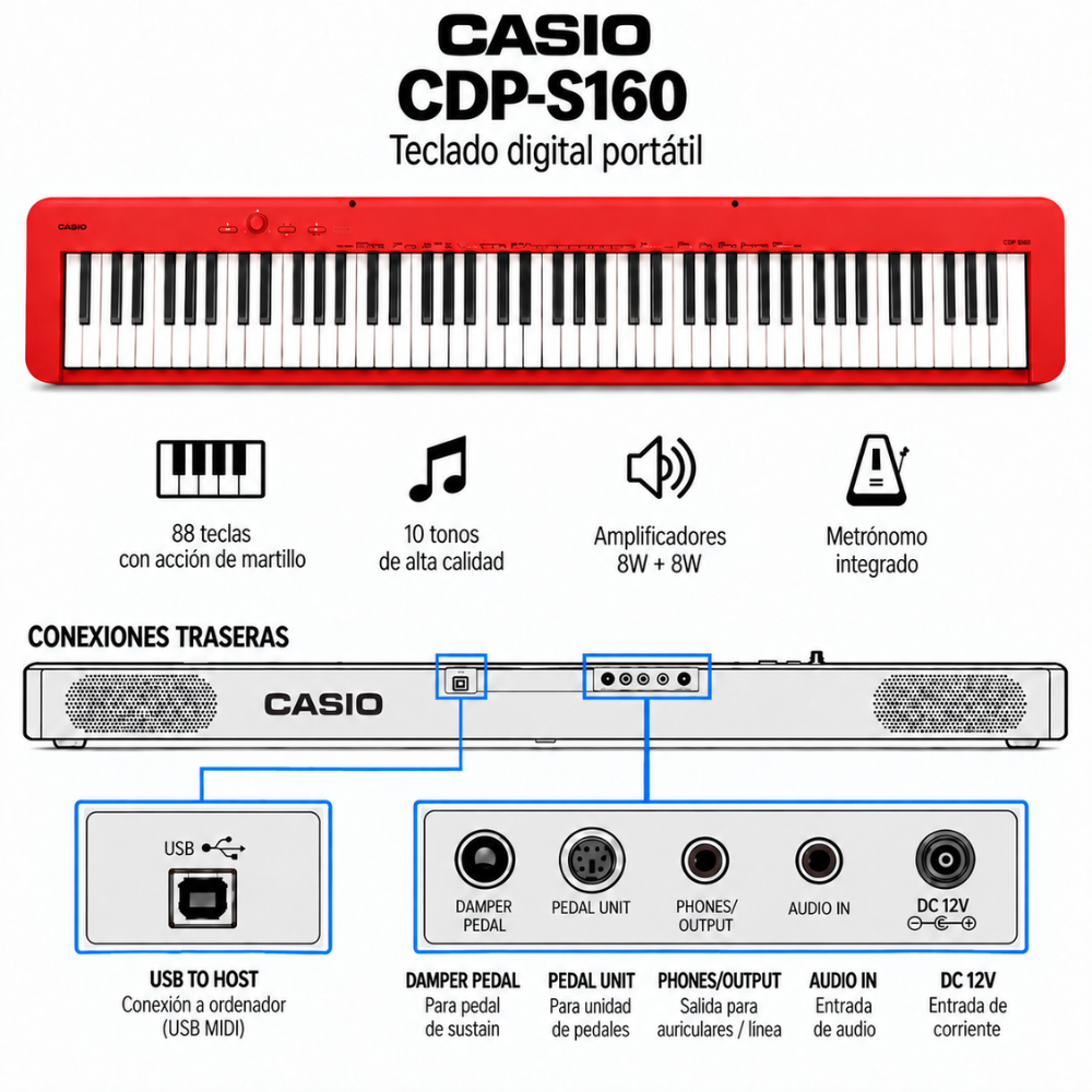 PIANO DIGITAL CASIO CDP-S160 RED PACK - 2
