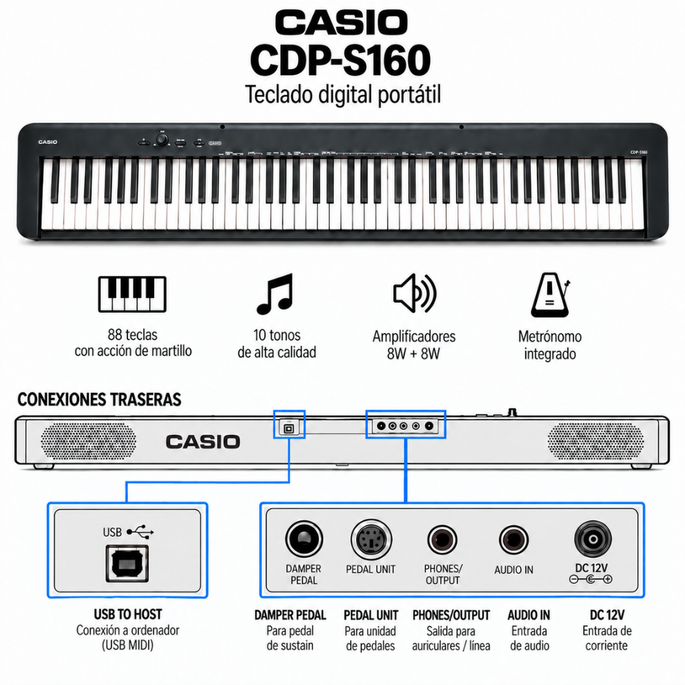 PIANO DIGITAL CASIO CDP-S160 BLACK PACK - 2
