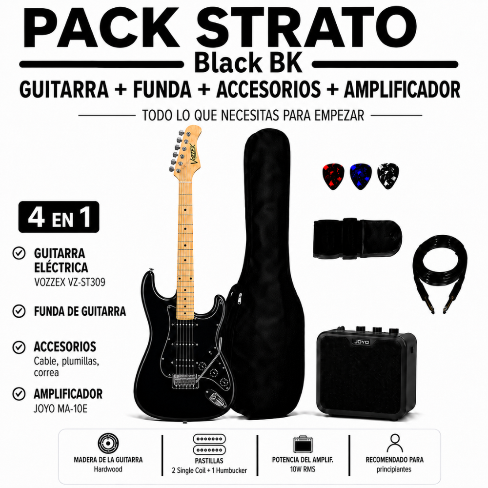 PACK ELECTRICO STRATO SSH BLACK BK- AMPLIFICADOR JOYO 10W - 4