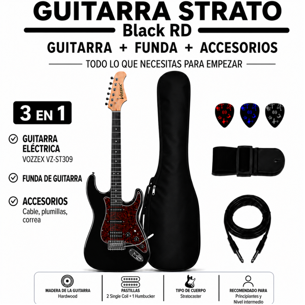GUITARRA ELÉCTRICA STRATOCASTER TAMAÑO ADULTO BLACK RD - 3