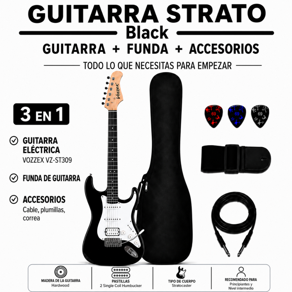 GUITARRA ELÉCTRICA STRATOCASTER TAMAÑO ADULTO BLACK - 3