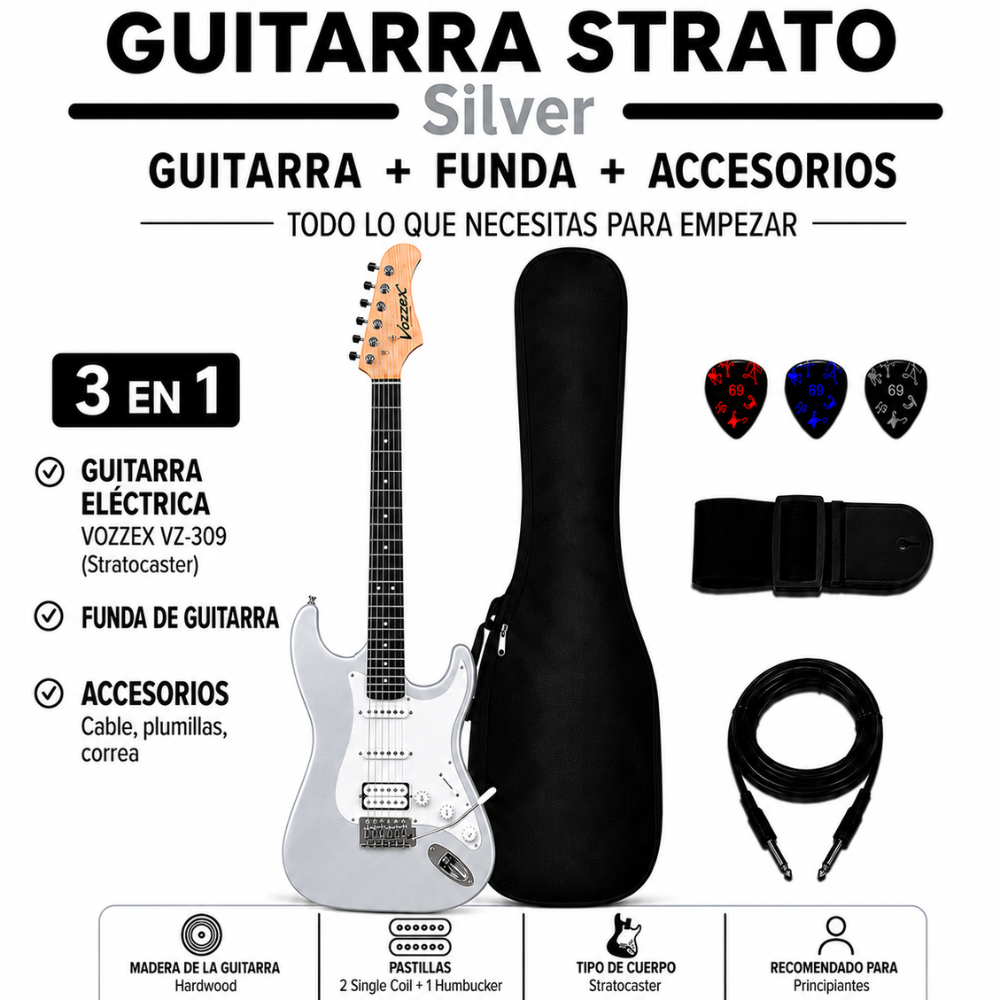GUITARRA ELÉCTRICA STRATOCASTER TAMAÑO ADULTO SILVER - 3