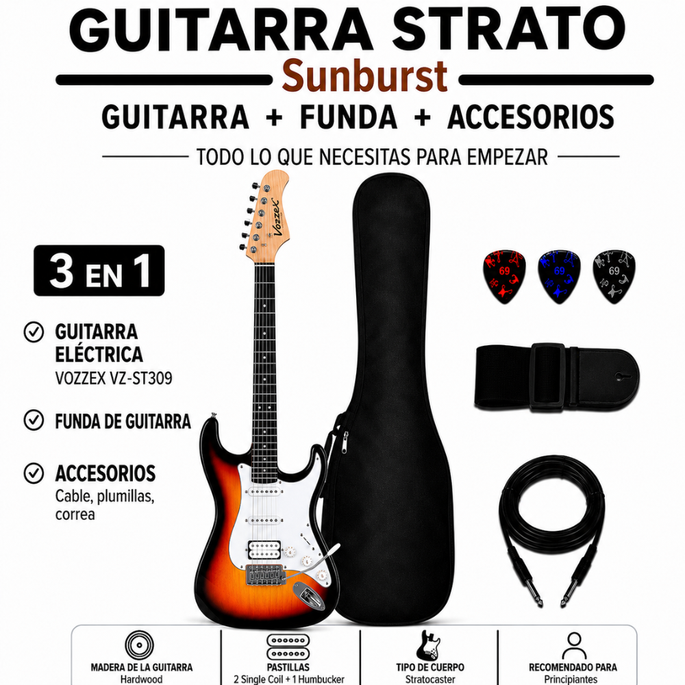 GUITARRA ELÉCTRICA STRATOCASTER TAMAÑO ADULTO SUNBURST - 3