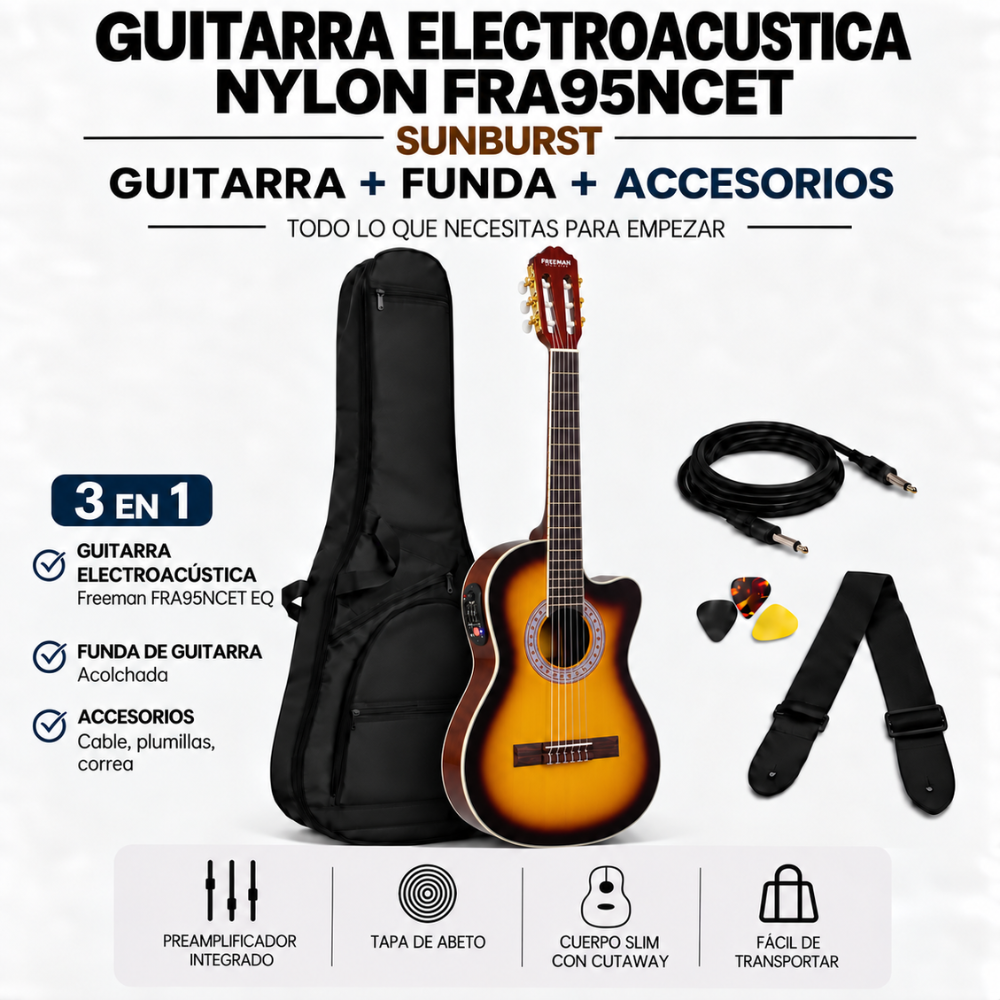 GUITARRA ELECTROACUSTICA NYLON FRA95NCET SUNBURST CUERPO DELGADO - 3