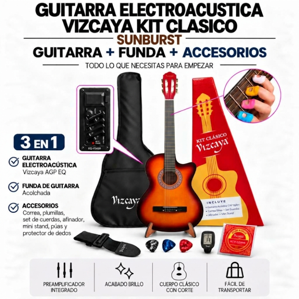 GUITARRA ELECTROACUSTICA VIZCAYA KIT CLASICO SUNBURST - 3