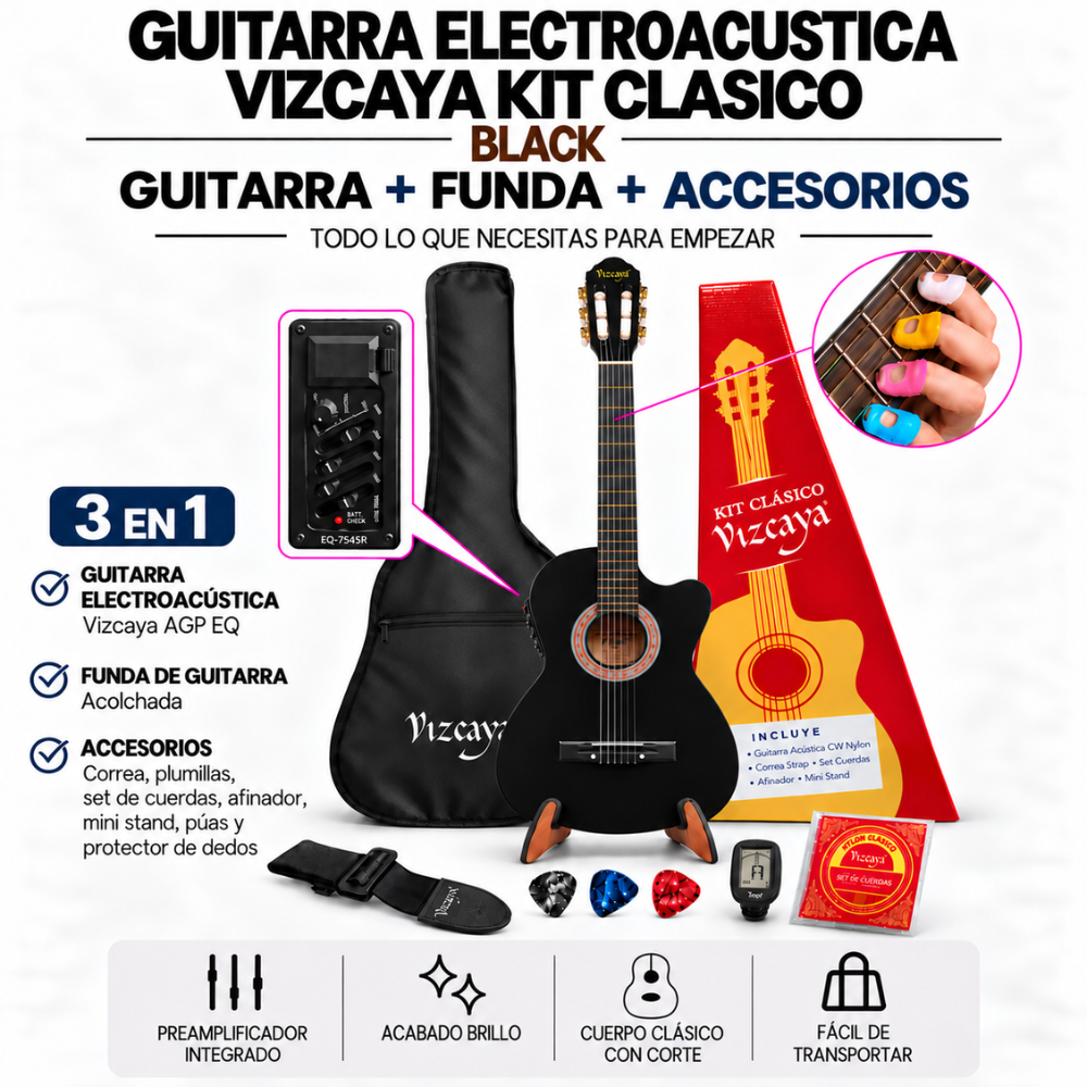 GUITARRA ELECTROACUSTICA VIZCAYA KIT CLASICO BLACK - 3