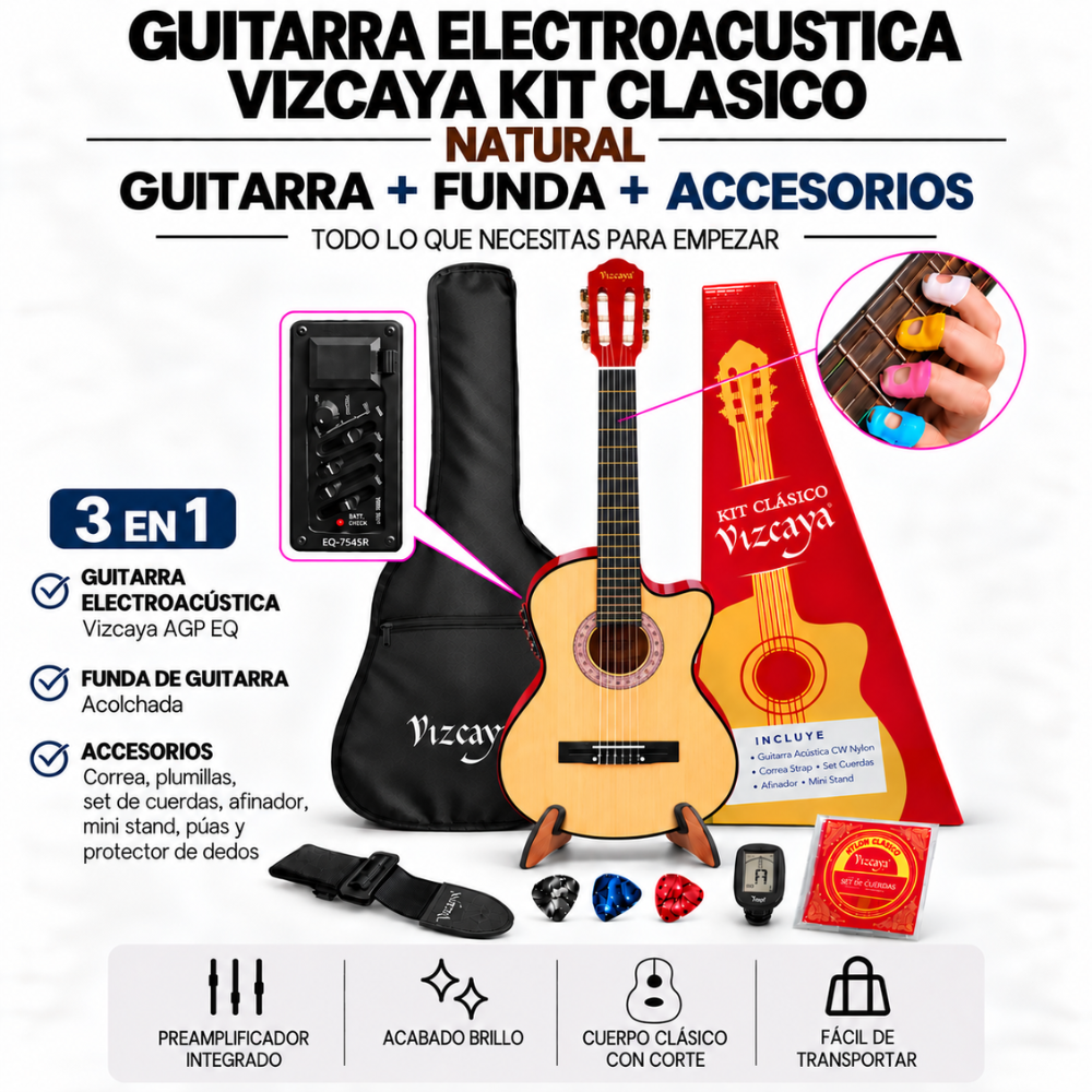 GUITARRA ELECTROACUSTICA VIZCAYA KIT CLASICO NATURAL - 3