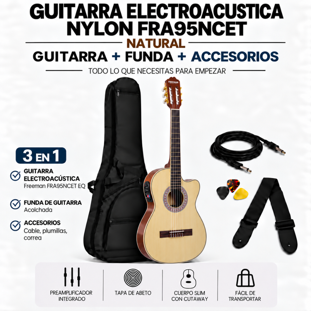 GUITARRA ELECTROACUSTICA NYLON FRA95NCET NATURAL CUERPO DELGADO - 3