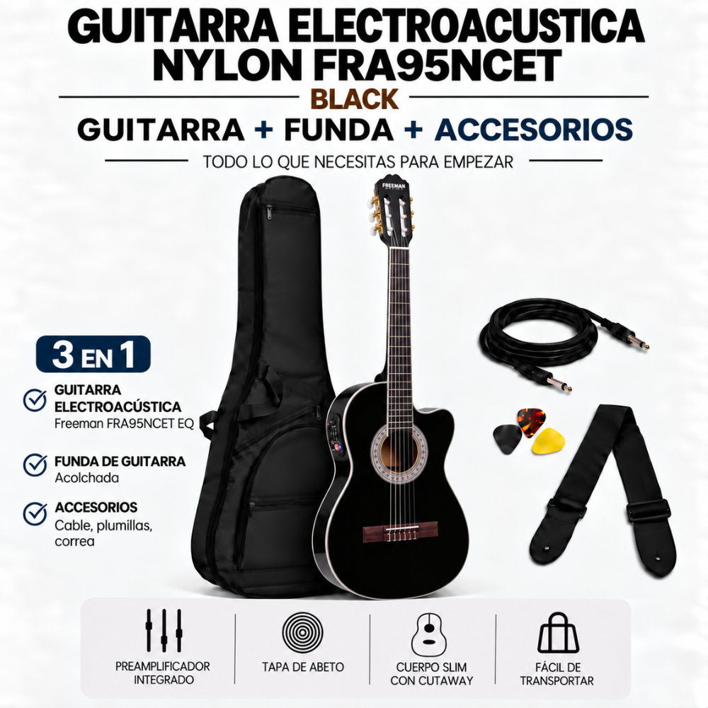 GUITARRA ELECTROACUSTICA NYLON FRA95NCET BLACK CUERPO DELGADO - 3