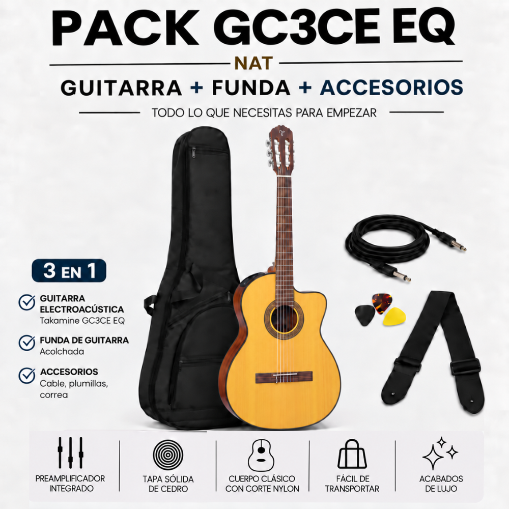 GUITARRA ELECTROACUSTICA GC3CE NATURAL TAPA SOLIDA PACK - 3