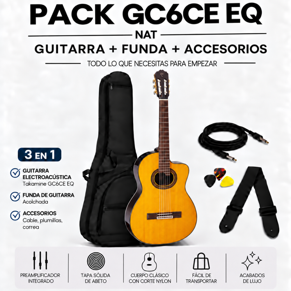 GUITARRA ELECTROACUSTICA GC6CE BLACK TAPA SOLIDA PACK - 3