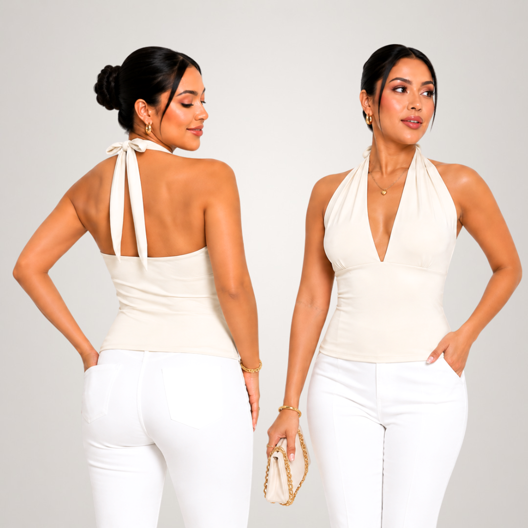 BLUSA TERESA COLOR HUESO EN SUPLEX PREMIUM DOBLE FORRO DISEÑO HALTER CON ESCOTE PROFUNDO - 2