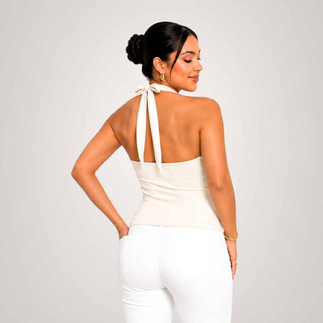 BLUSA TERESA COLOR HUESO EN SUPLEX PREMIUM DOBLE FORRO DISEÑO HALTER CON ESCOTE PROFUNDO - 3