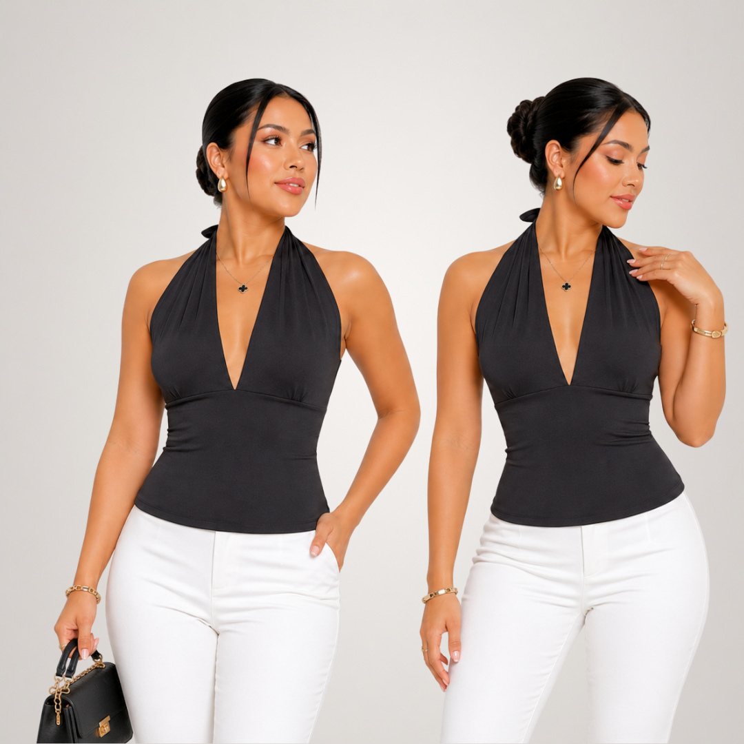 BLUSA TERESA COLOR HUESO EN SUPLEX PREMIUM DOBLE FORRO DISEÑO HALTER CON ESCOTE PROFUNDO - 3