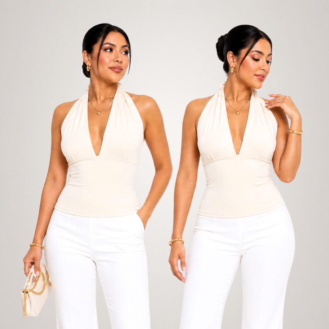 BLUSA TERESA COLOR HUESO EN SUPLEX PREMIUM DOBLE FORRO DISEÑO HALTER CON ESCOTE PROFUNDO - 4