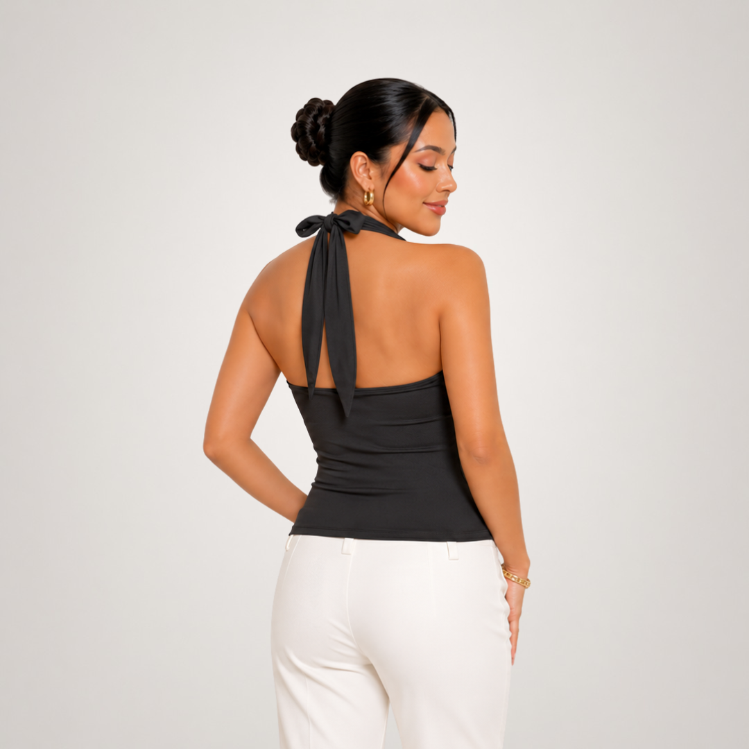 BLUSA TERESA COLOR HUESO EN SUPLEX PREMIUM DOBLE FORRO DISEÑO HALTER CON ESCOTE PROFUNDO - 4