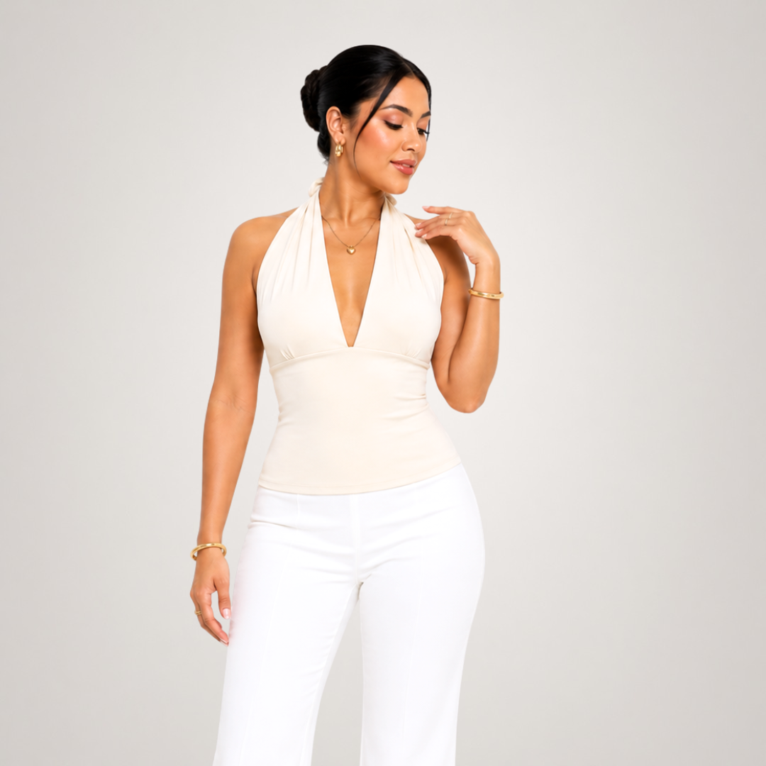 BLUSA TERESA COLOR HUESO EN SUPLEX PREMIUM DOBLE FORRO DISEÑO HALTER CON ESCOTE PROFUNDO - 6