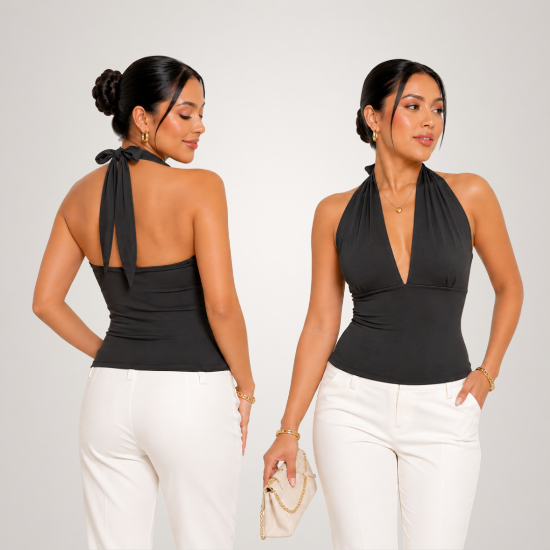 BLUSA TERESA COLOR HUESO EN SUPLEX PREMIUM DOBLE FORRO DISEÑO HALTER CON ESCOTE PROFUNDO - 6