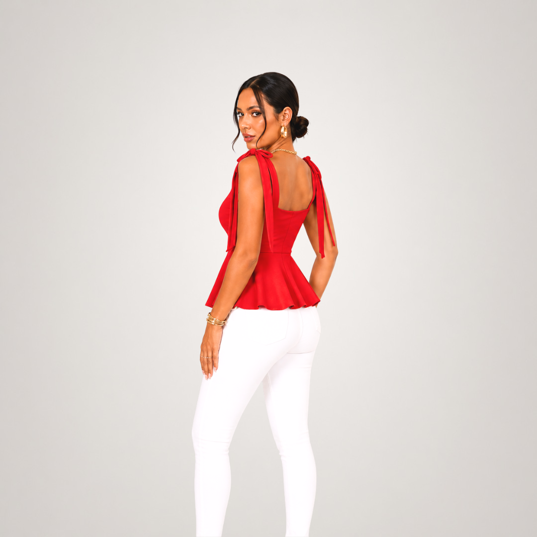 BLUSA VALERIA GUINDA PREMIUM PARA MUJER CON DOBLE FORRO COMPLETO EN SUPLEX Y TIRANTES DE LAZO - 5
