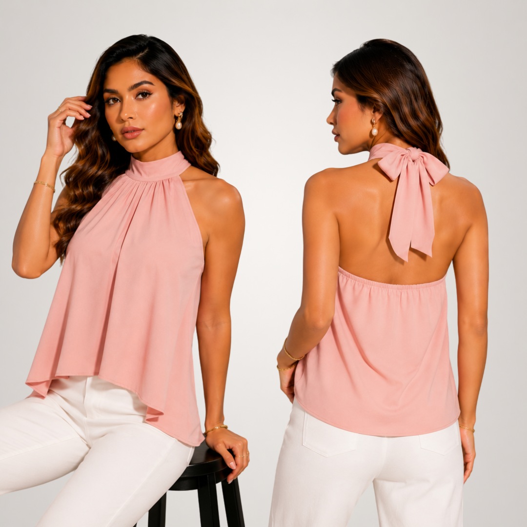 BLUSA ALESSANDRA HALTER PALO ROSA PREMIUM DOBLE FORRO COMPLETO ELEGANTE Y SOFISTICADA CON ESPALDA DESCUBIERTA Y LAZO - 2