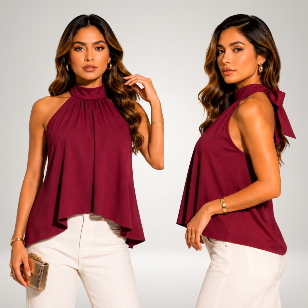 BLUSA ALESSANDRA HALTER PALO ROSA PREMIUM DOBLE FORRO COMPLETO ELEGANTE Y SOFISTICADA CON ESPALDA DESCUBIERTA Y LAZO - 2