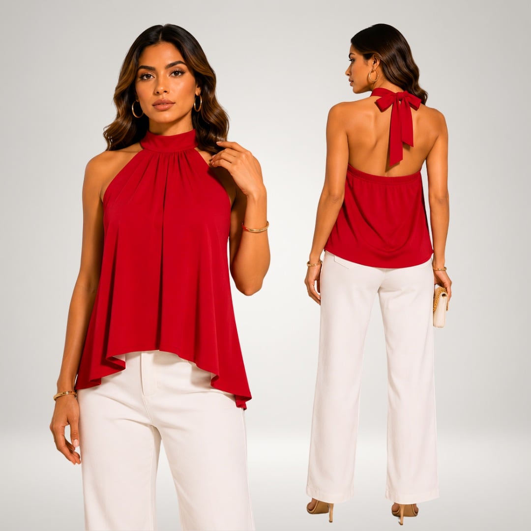 BLUSA ALESSANDRA HALTER PALO ROSA PREMIUM DOBLE FORRO COMPLETO ELEGANTE Y SOFISTICADA CON ESPALDA DESCUBIERTA Y LAZO - 3