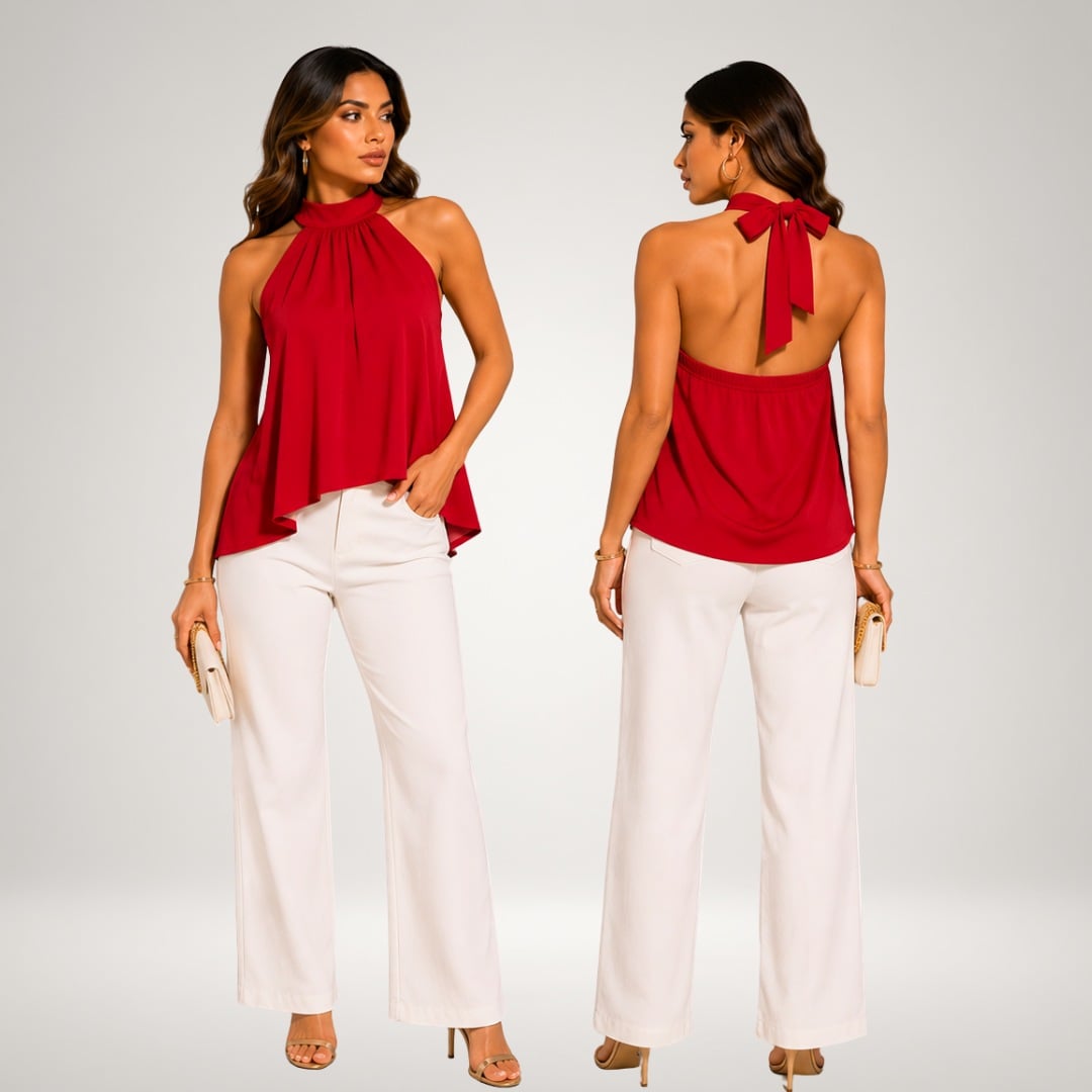 BLUSA ALESSANDRA HALTER PALO ROSA PREMIUM DOBLE FORRO COMPLETO ELEGANTE Y SOFISTICADA CON ESPALDA DESCUBIERTA Y LAZO - 5