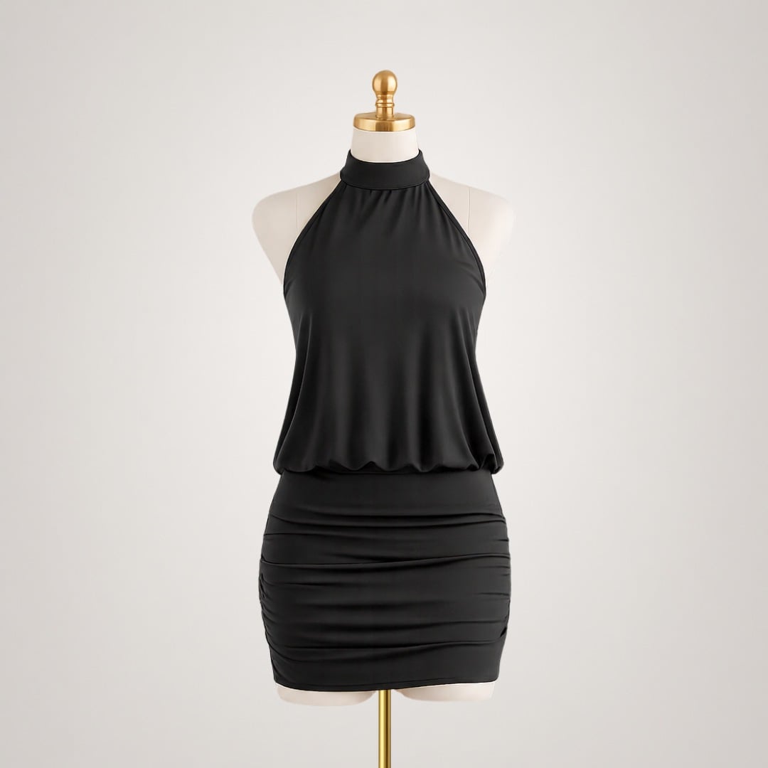 VESTIDO CASANDRA HUESO PREMIUM PARA MUJER HALTER CUELLO ALTO DOBLE FORRO EN SUPLEX - 6